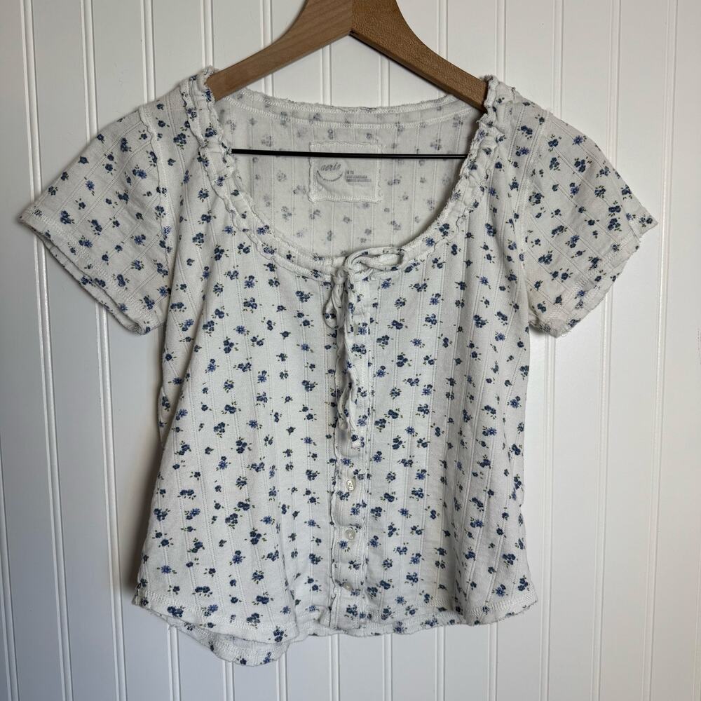 Aerie Floral Tie Front Button Down Short Sleeve Shirt 100% Cotton Women’s Size M